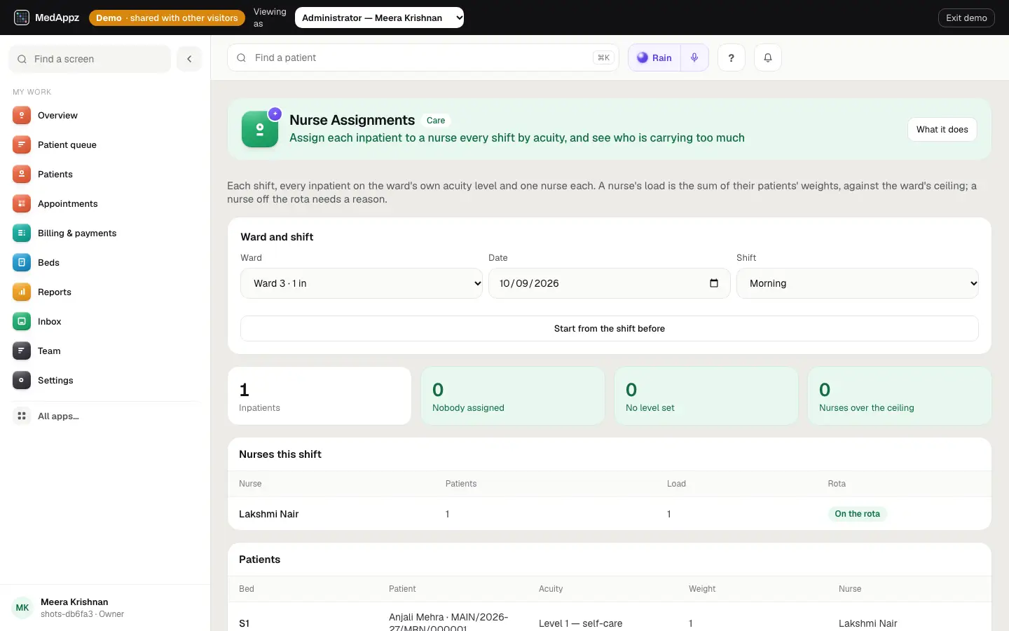 NurseAssign — Nurse Assignments — Assign each inpatient to a nurse every shift by acuity, and see who is carrying too much