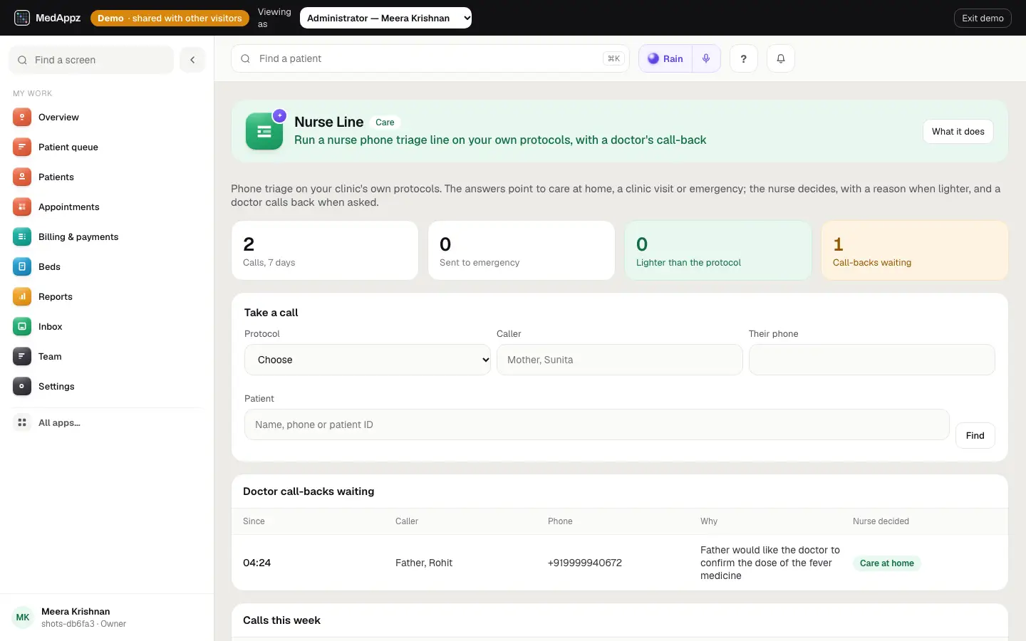 NurseLine — Nurse Line — Run a nurse phone triage line on your own protocols, with a doctor's call-back