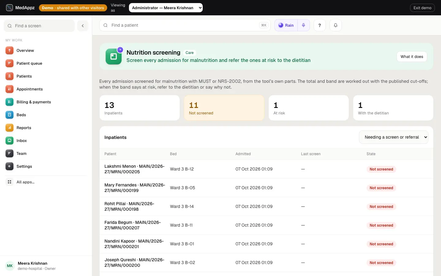 MalnutritionScreen — Nutrition screening — Screen every admission for malnutrition and refer the ones at risk to the dietitian