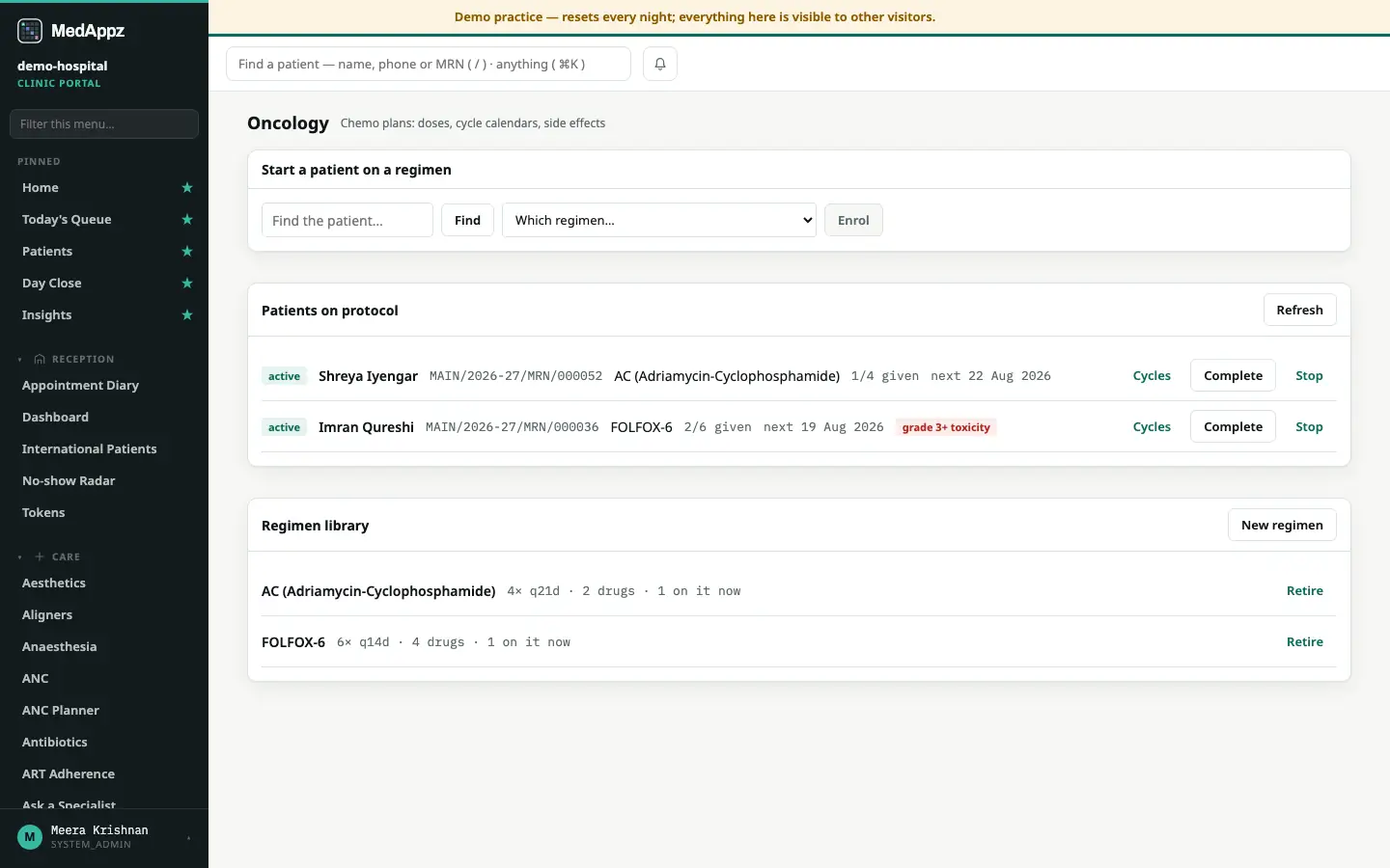 OncoProtocol — Oncology — Chemo plans: doses, cycle calendars, side effects