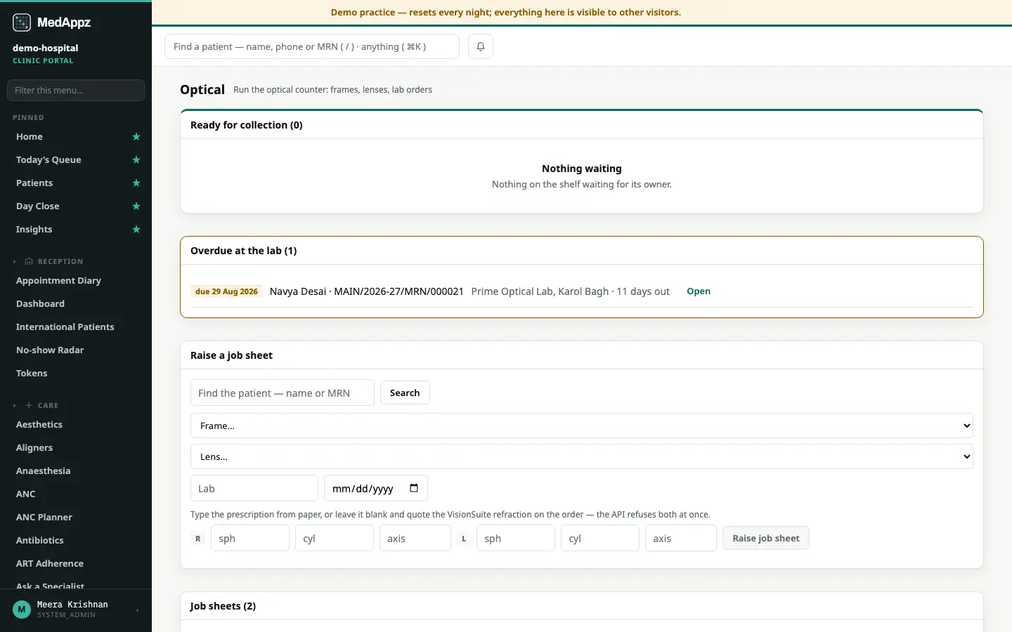 OptomDesk — Optical — Run the optical counter: frames, lenses, lab orders