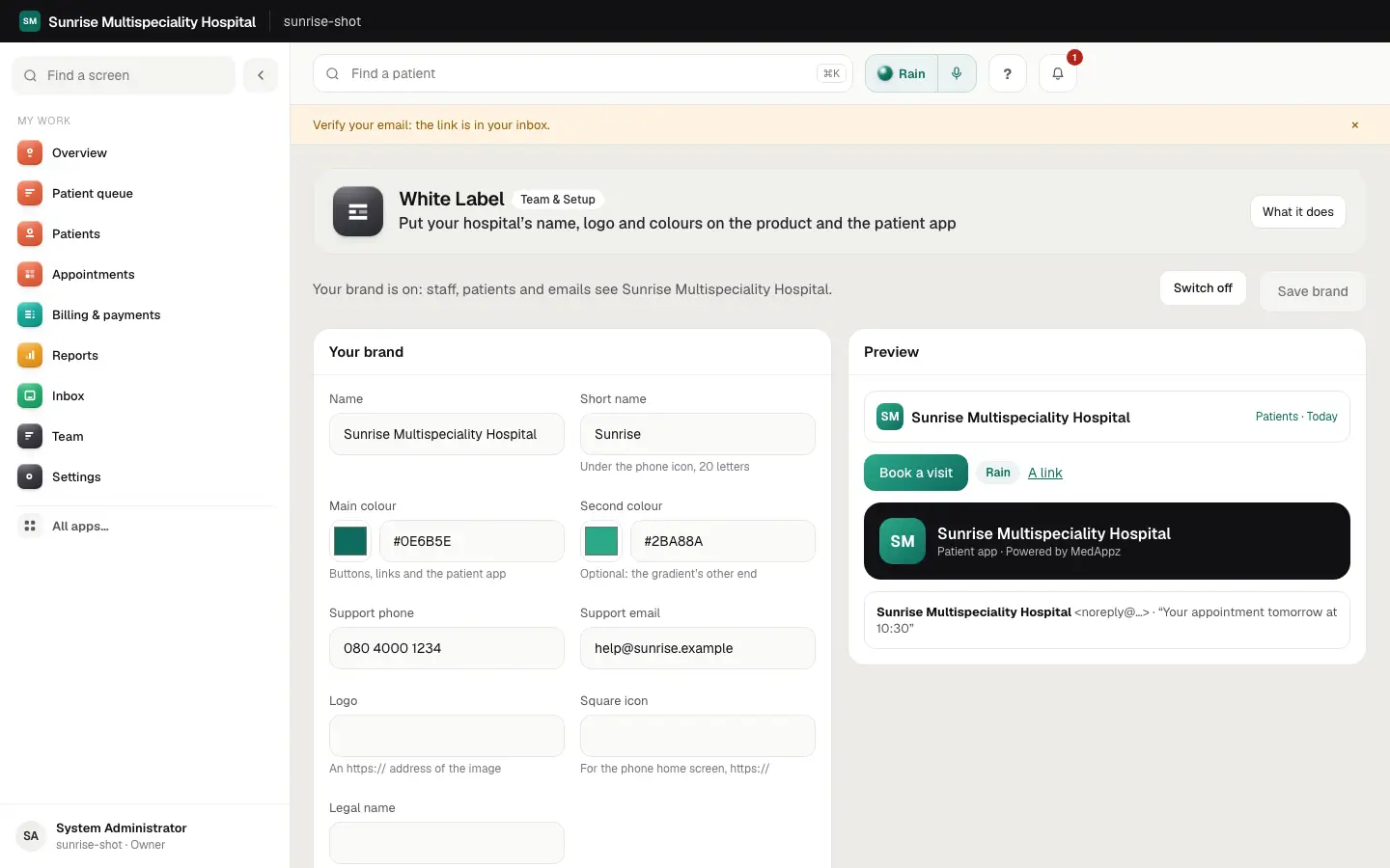 WhiteLabel — White Label — Put your hospital’s name, logo and colours on the product and the patient app