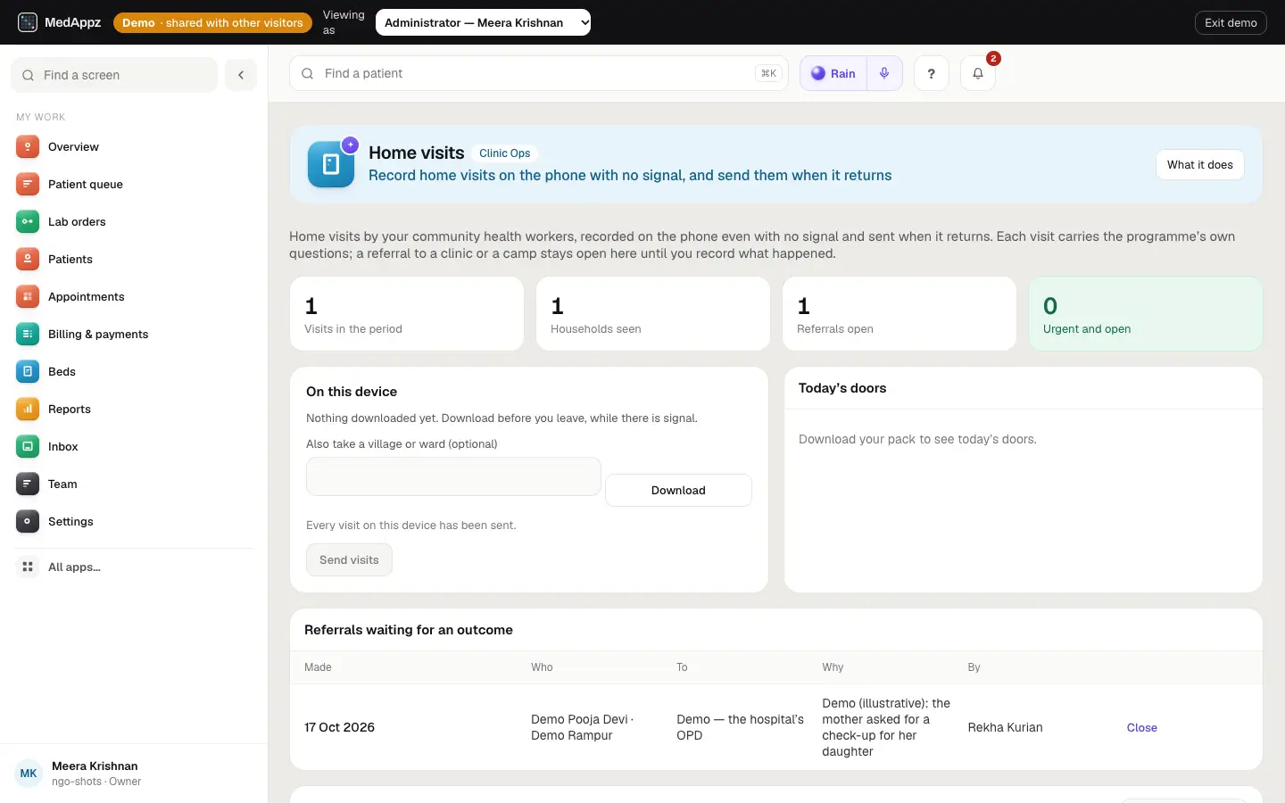 OutreachVisits — Home visits — Record home visits on the phone with no signal, and send them when it returns