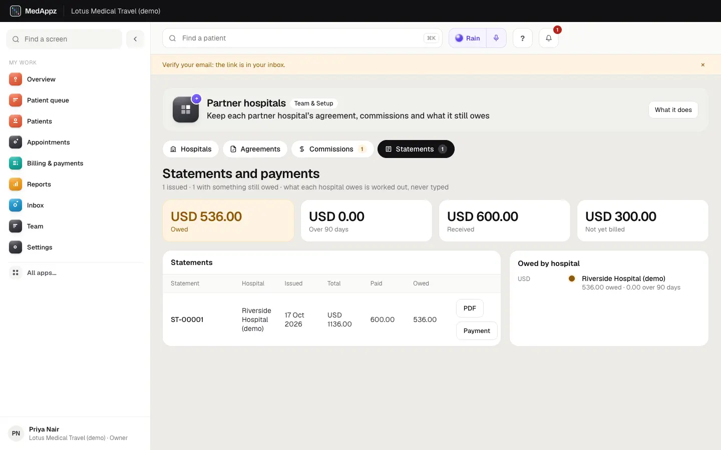 PartnerHospitals — Partner hospitals — Keep each partner hospital’s agreement, commissions and what it still owes