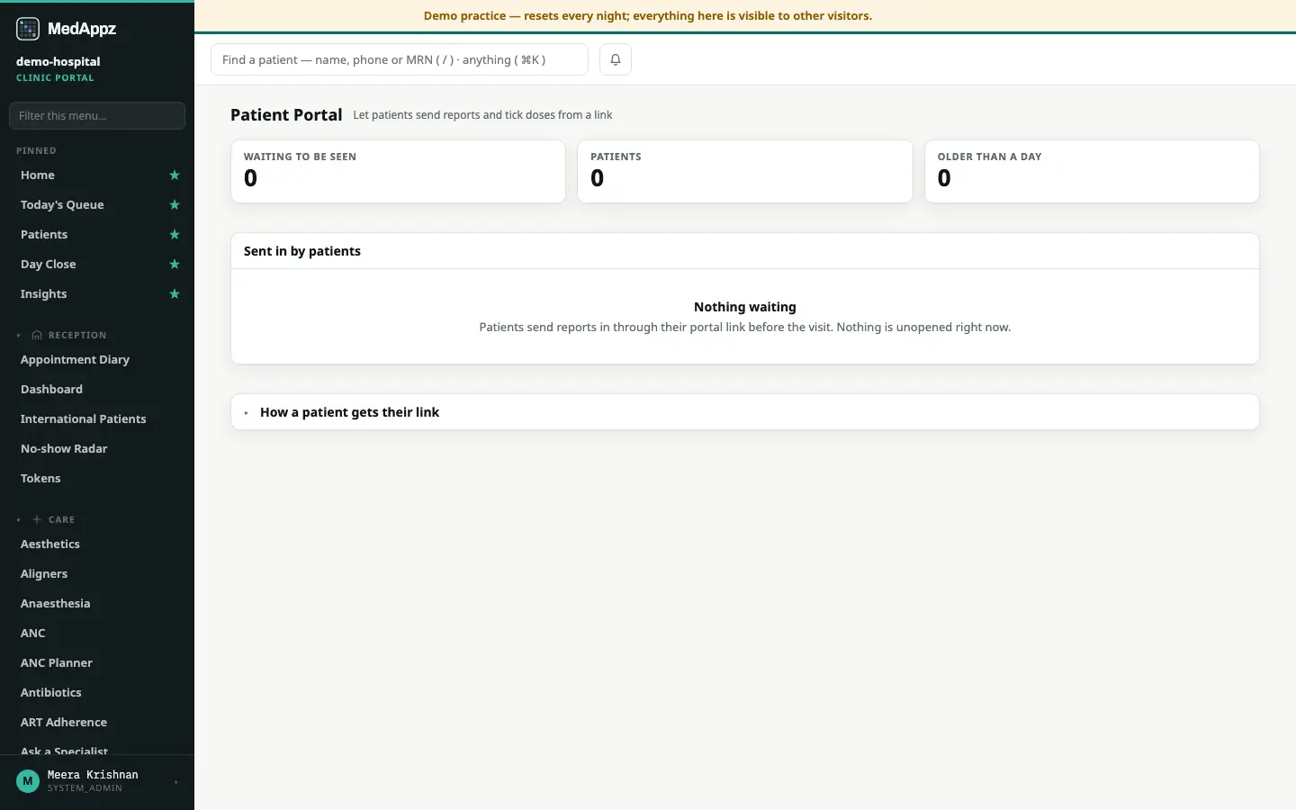 Patient Portal — Patient Portal — Let patients send reports and tick doses from a link