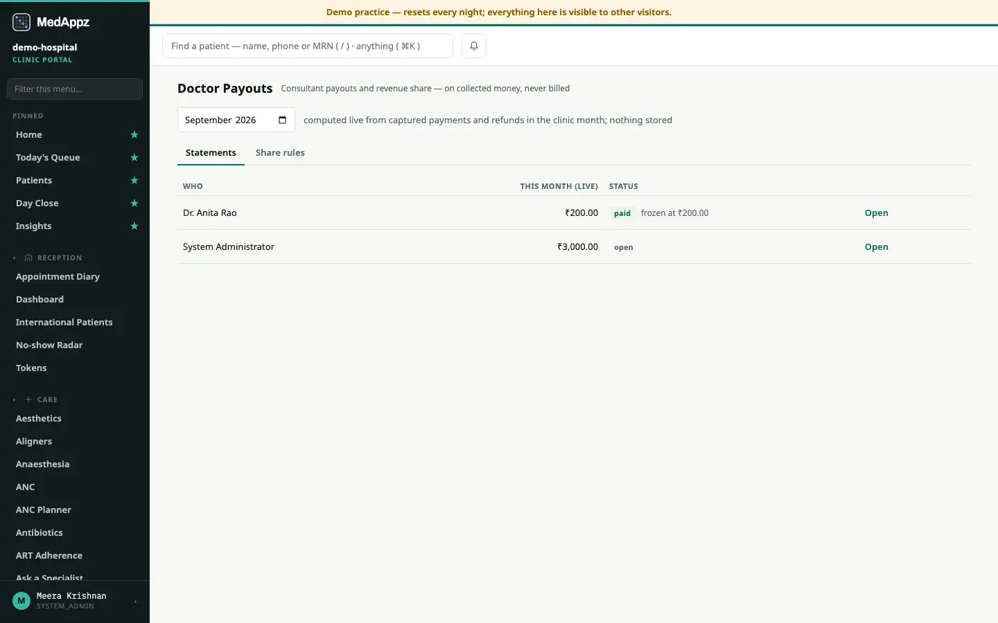Doctor Payouts — Doctor Payouts — Work out and pay each doctor’s revenue share