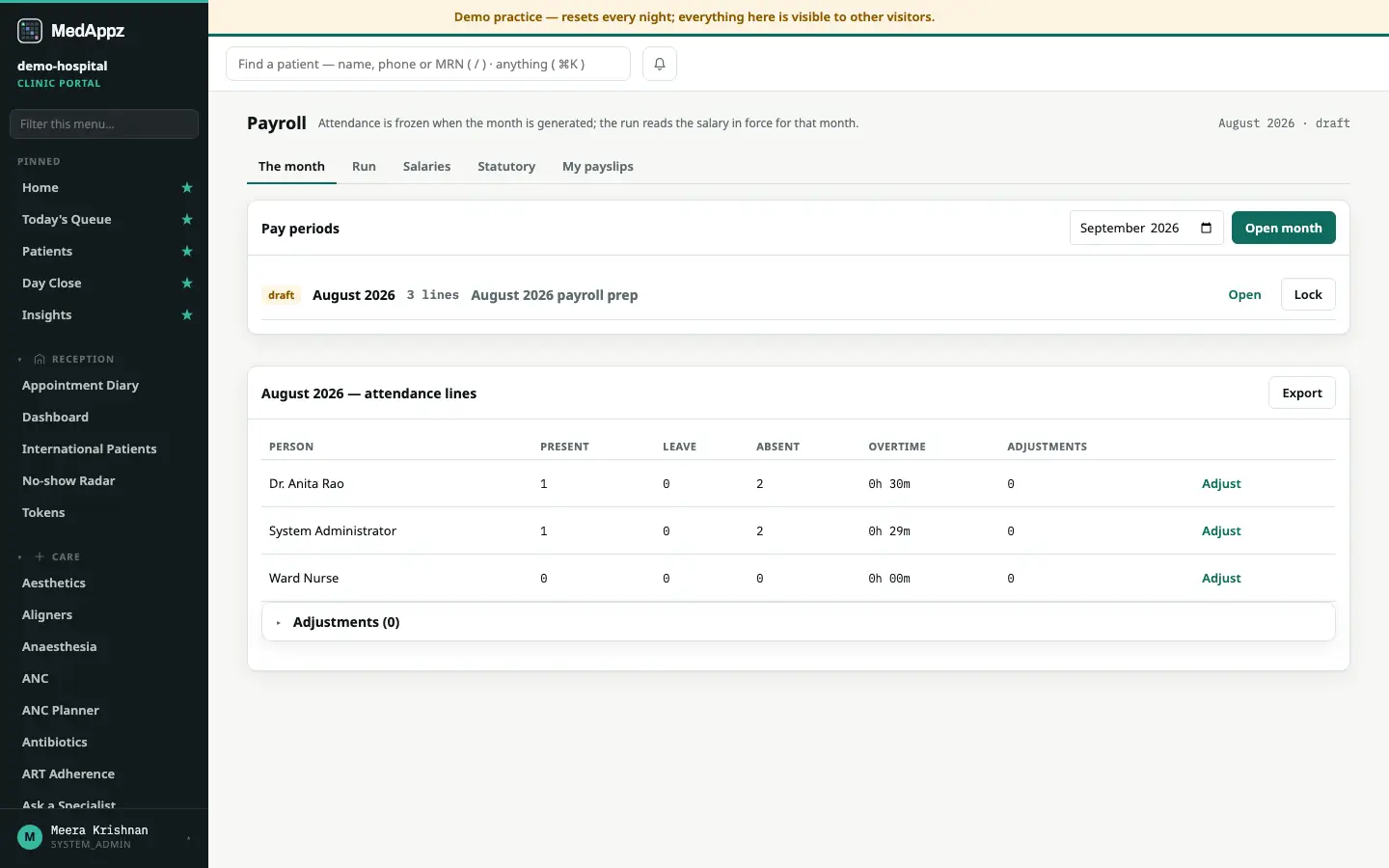 Payroll — Payroll — Turn the month’s attendance into payslips and pay them