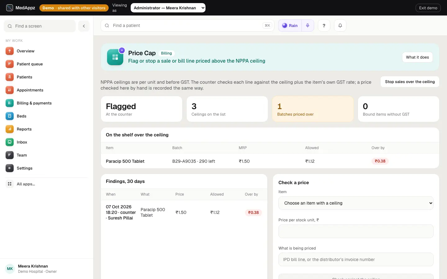 PriceCapCheck — Price Cap — Flag or stop a sale or bill line priced above the NPPA ceiling