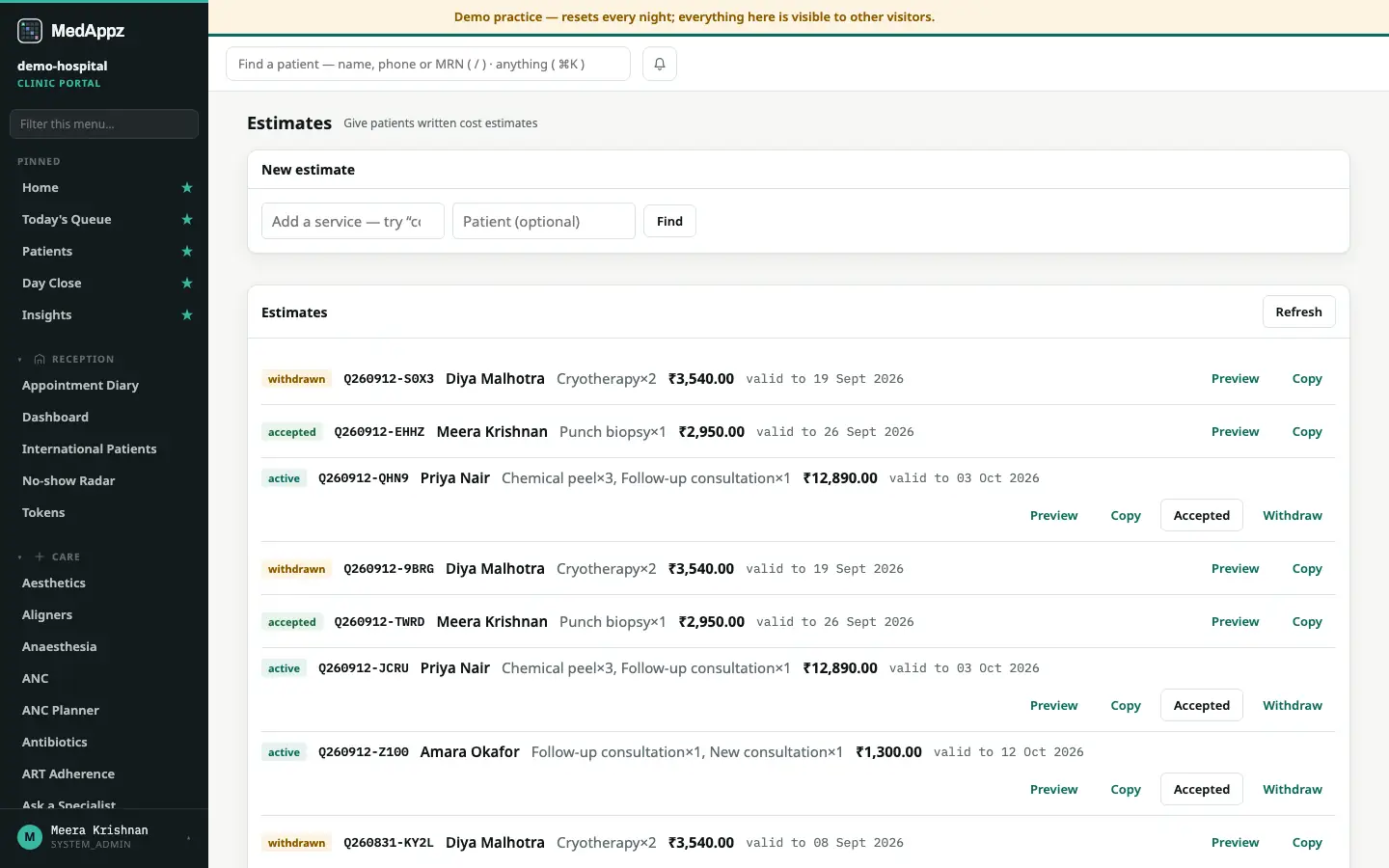 PriceQuote — Estimates — Give patients written cost estimates