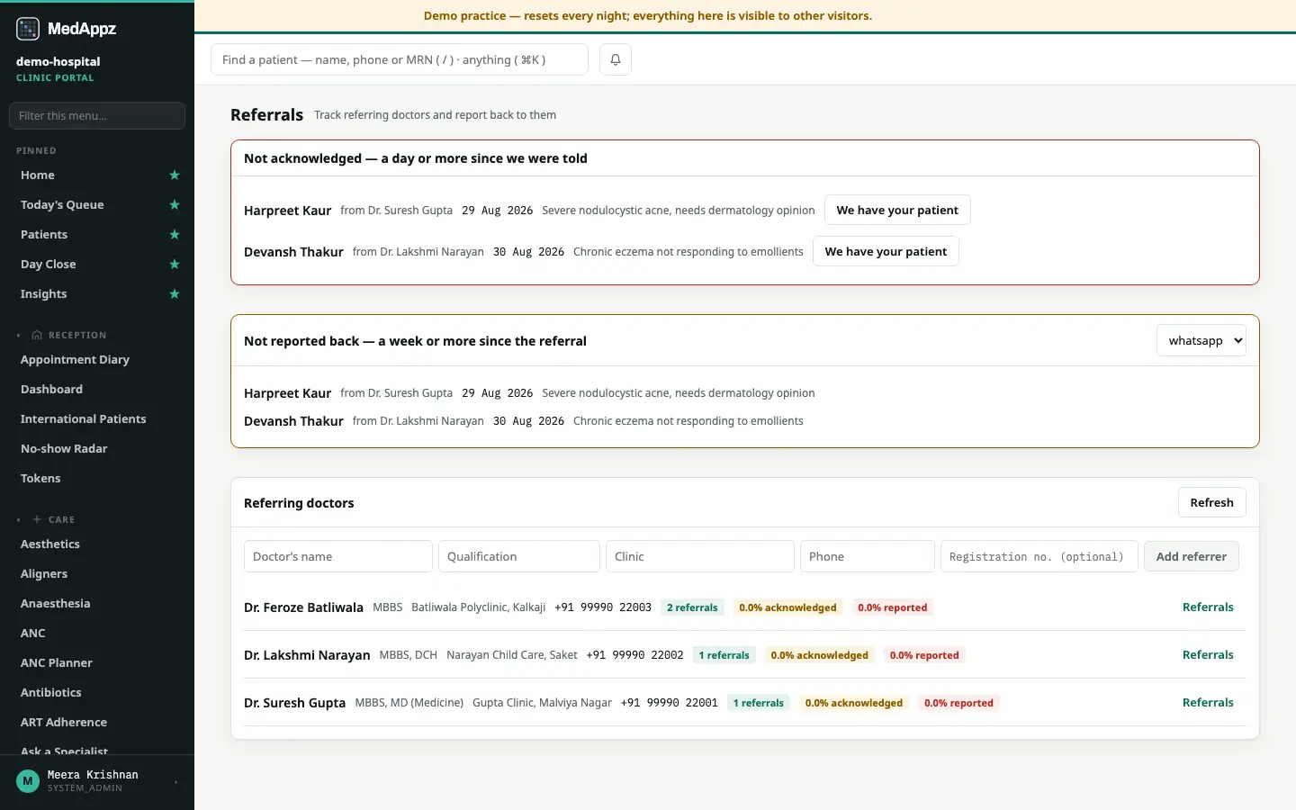 ReferralNet — Referrals — Track referring doctors and report back to them