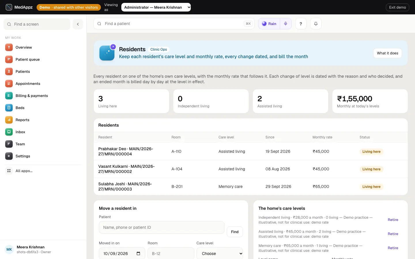 ResidentRecords — Residents — Keep each resident's care level and monthly rate, every change dated, and bill the month