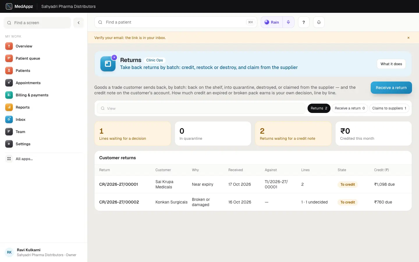 ReturnsDesk — Returns — Take back returns by batch: credit, restock or destroy, and claim from the supplier