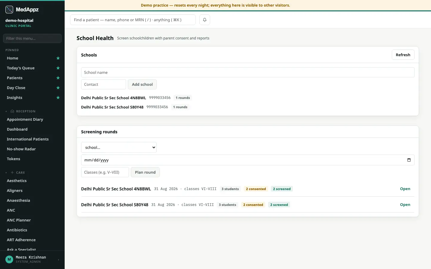 SchoolHealth — School Health — Screen schoolchildren with parent consent and reports