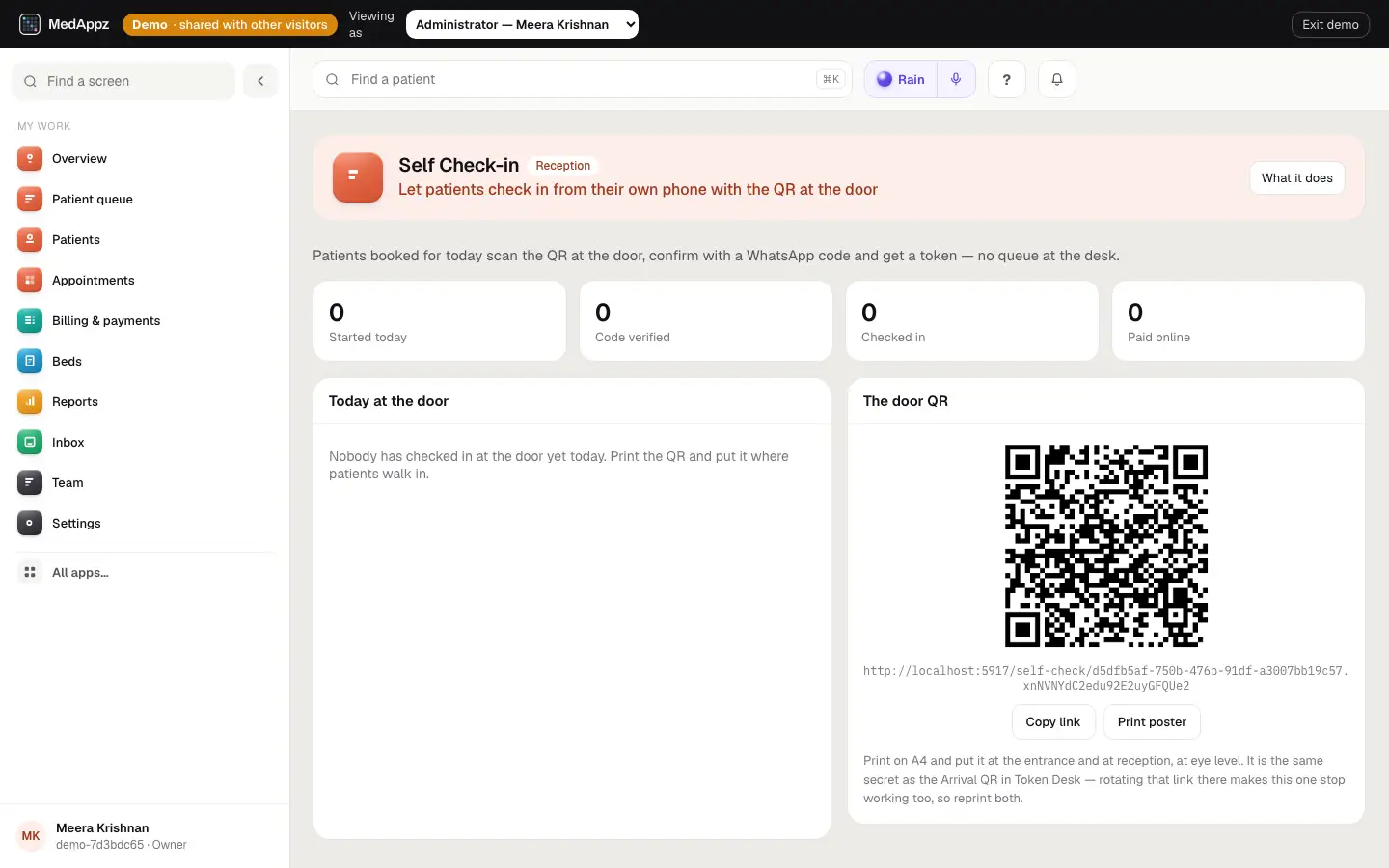 SelfCheck — Self Check-in — Let patients check in from their own phone with the QR at the door