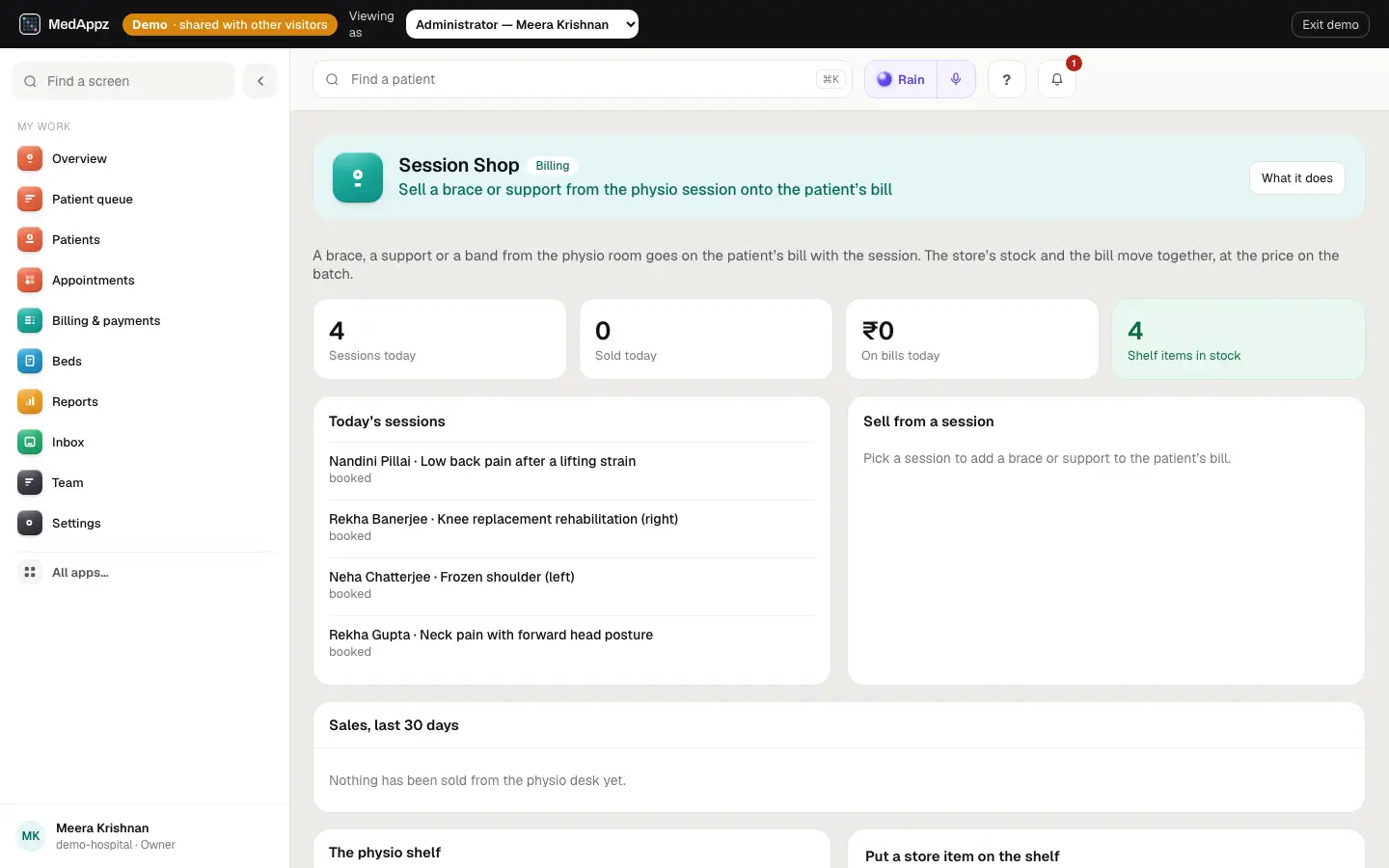 SessionShop — Session Shop — Sell a brace or support from the physio session onto the patient’s bill