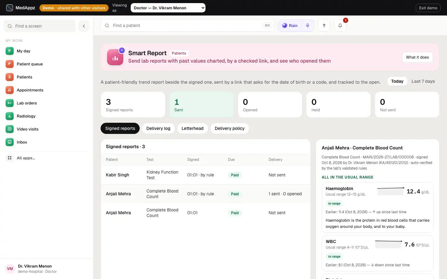 SmartReport — Smart Report — Send lab reports with past values charted, by a checked link, and see who opened them