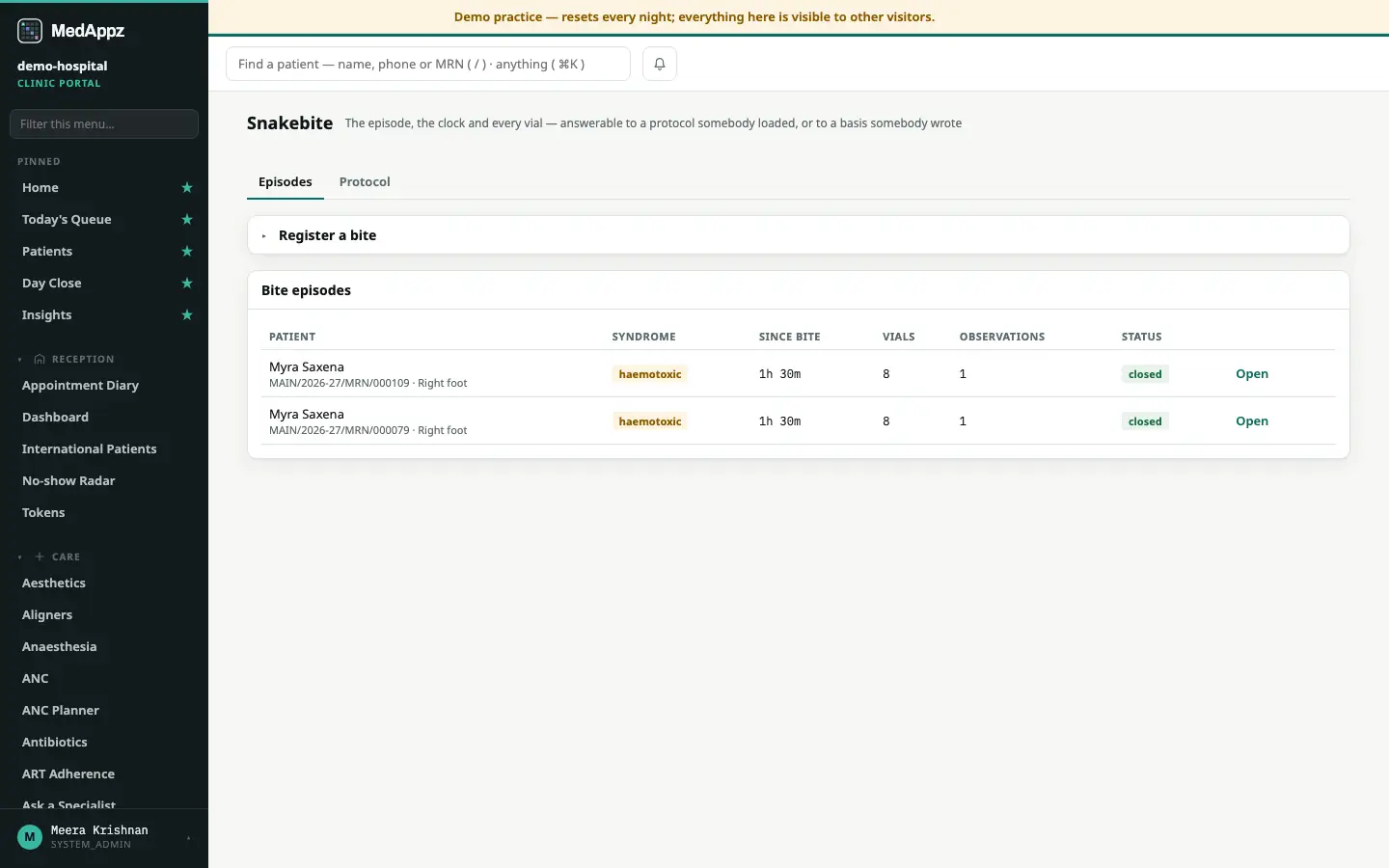 SnakeAid — Snakebite — Chart a snakebite and record every vial against a protocol you loaded