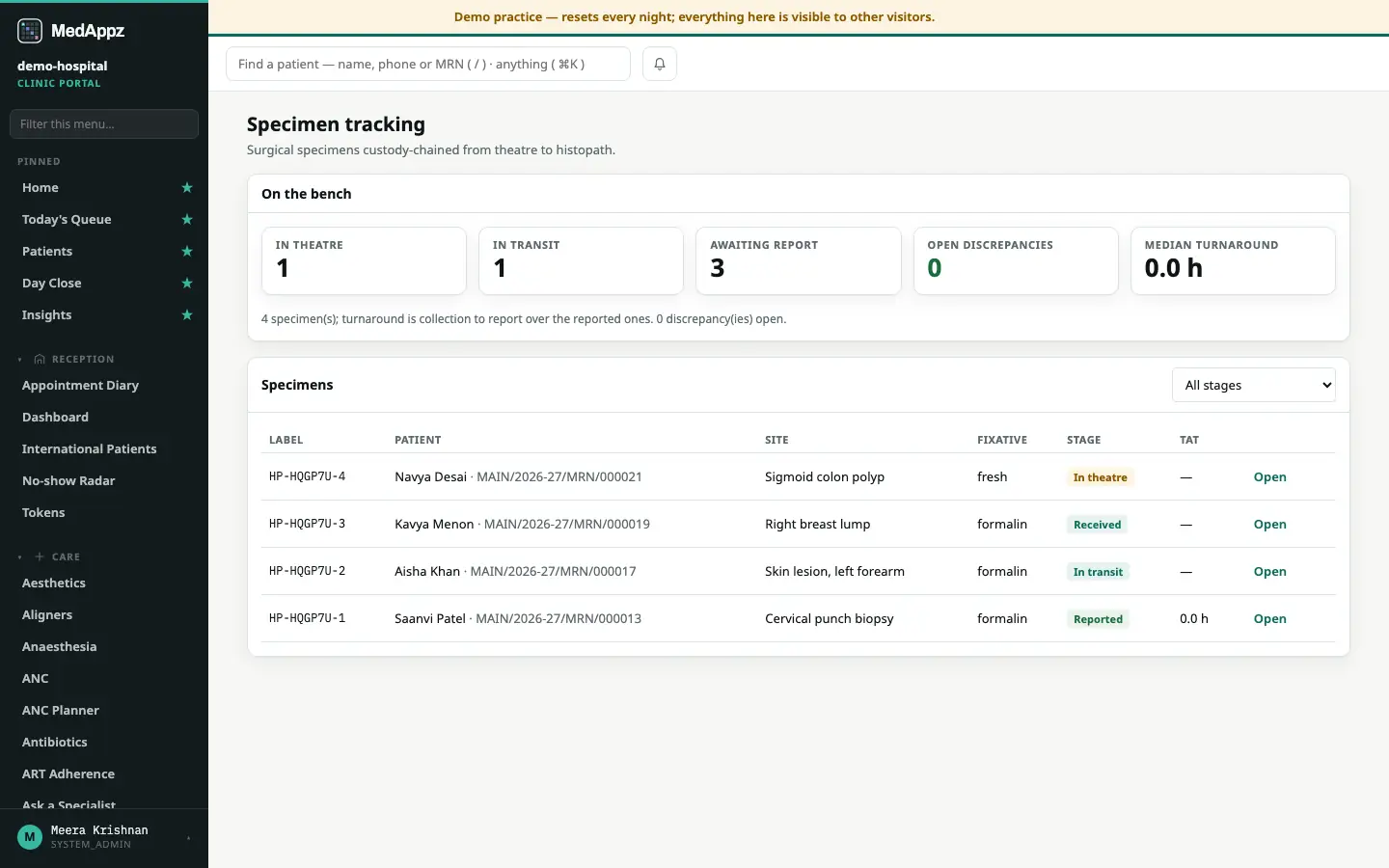 SpecimenTrack — Specimens — Track specimens from theatre to the lab