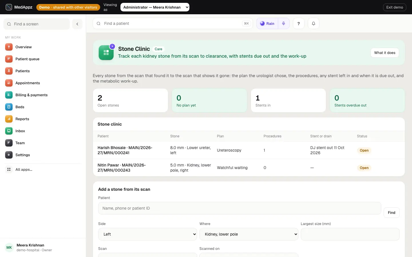 StoneClinic — Stone Clinic — Track each kidney stone from its scan to clearance, with stents due out and the work-up