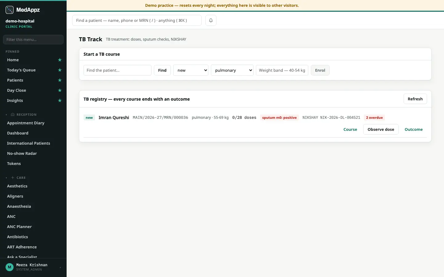 TBTrack — TB Track — TB treatment: doses, sputum checks, NIKSHAY
