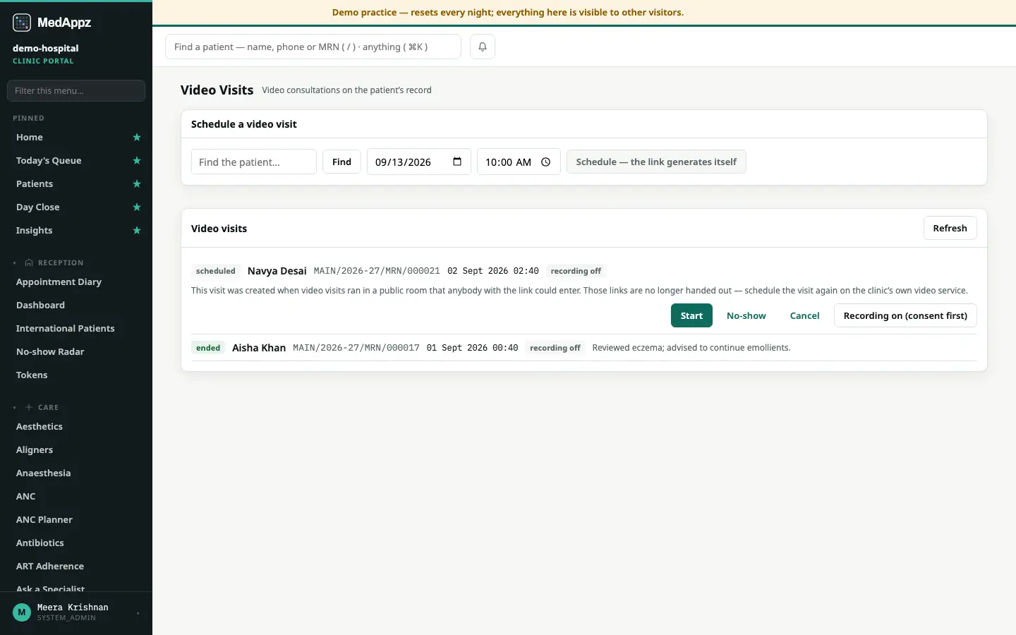 TeleCare — Video Visits — Video consultations on the patient’s record