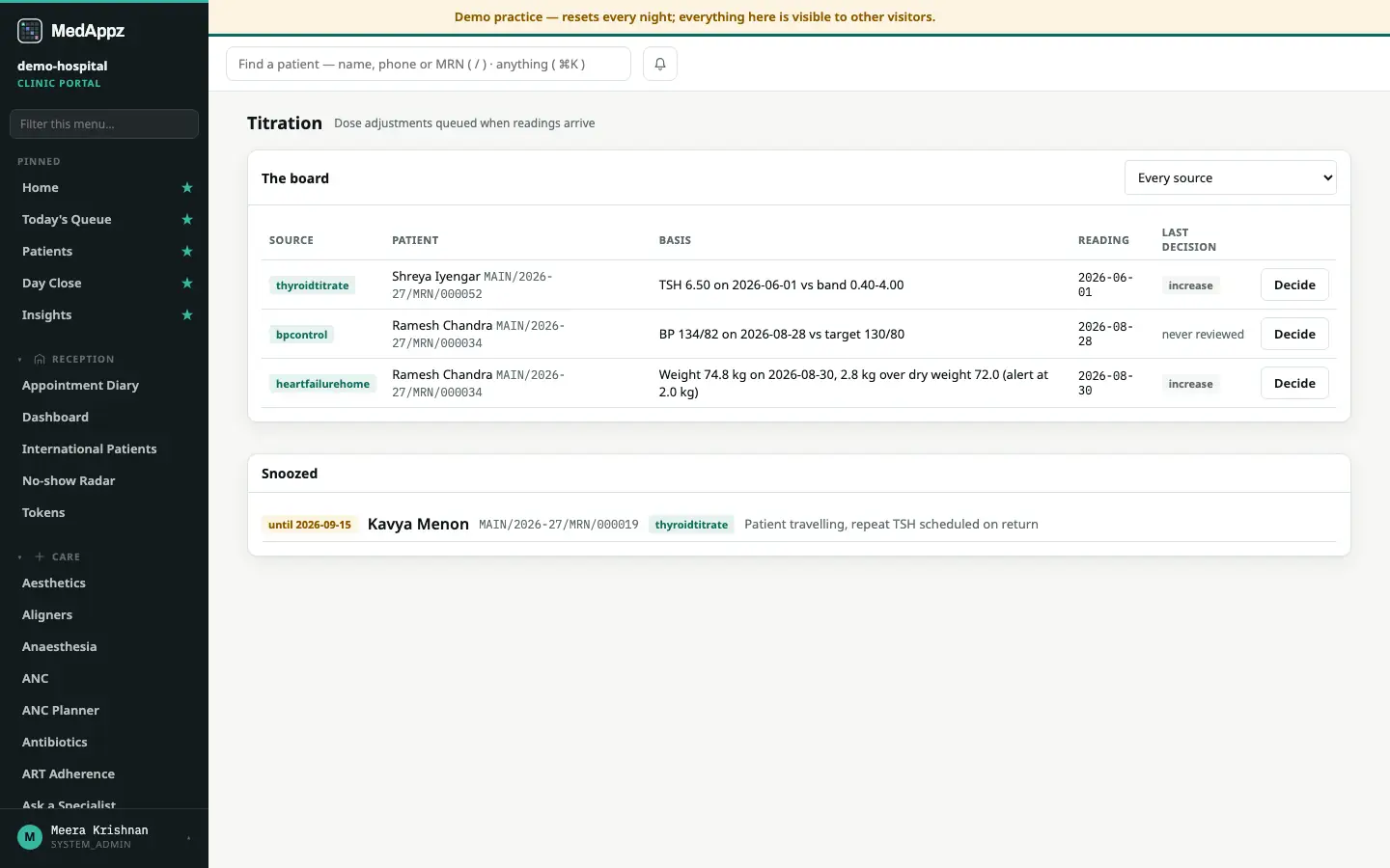 TitrateBoard — Titration — Dose adjustments queued when readings arrive