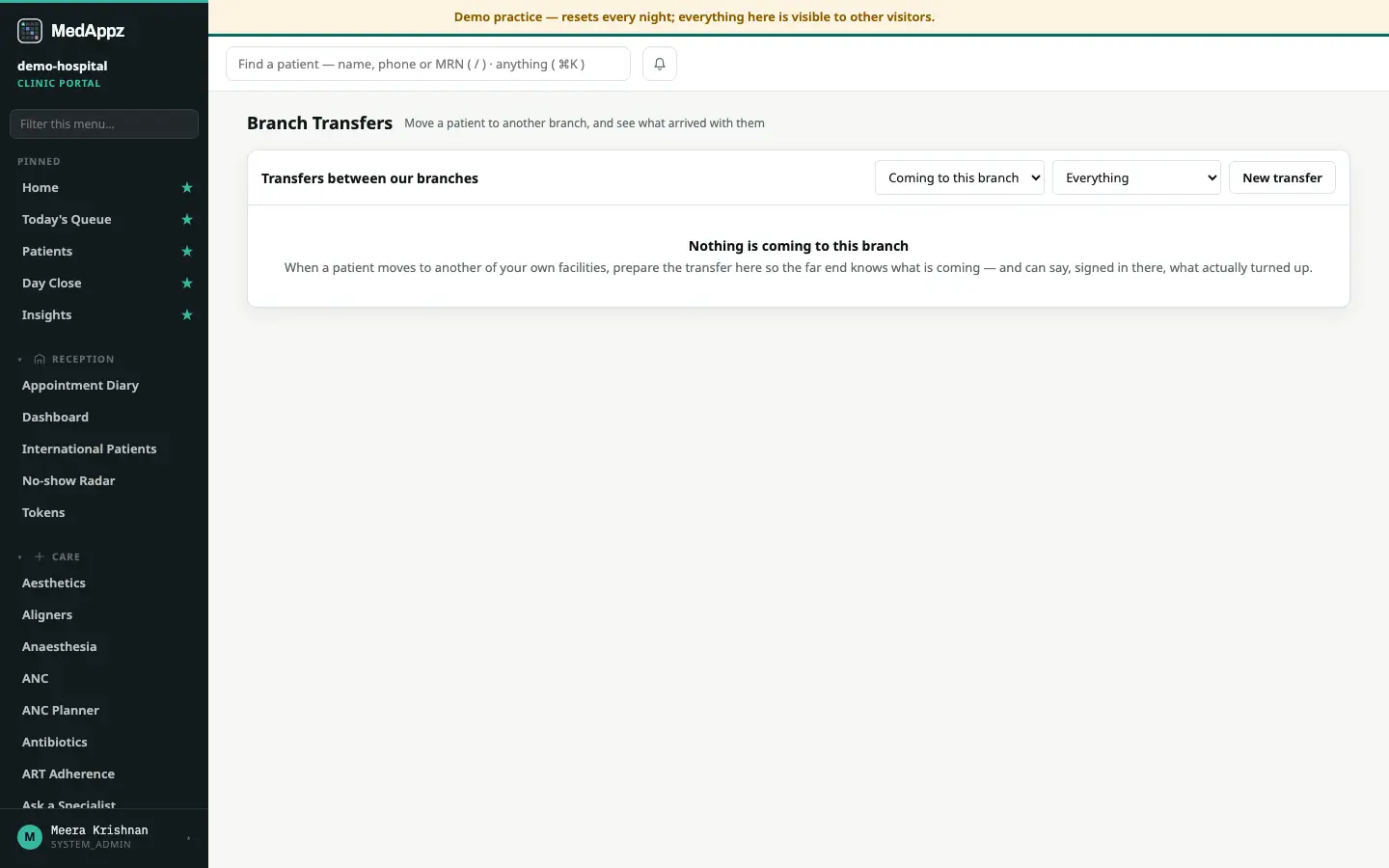 CrossCare — Branch Transfers — Move a patient to another branch, and see what arrived with them