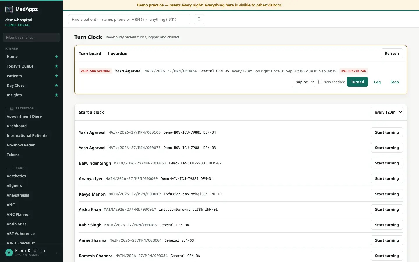 TurnClock — Turn Clock — Two-hourly patient turns, logged and chased