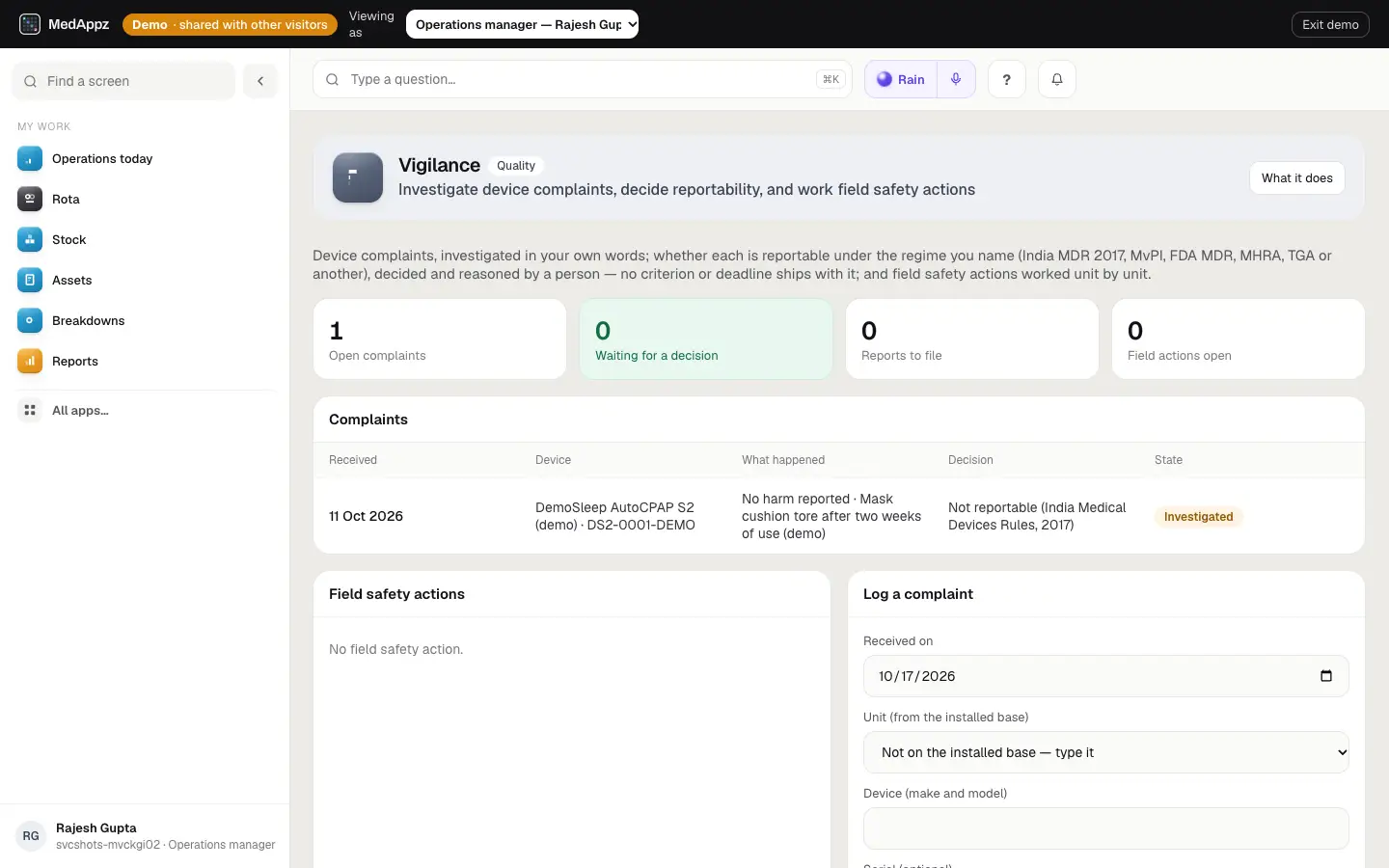 Vigilance — Vigilance — Investigate device complaints, decide reportability, and work field safety actions