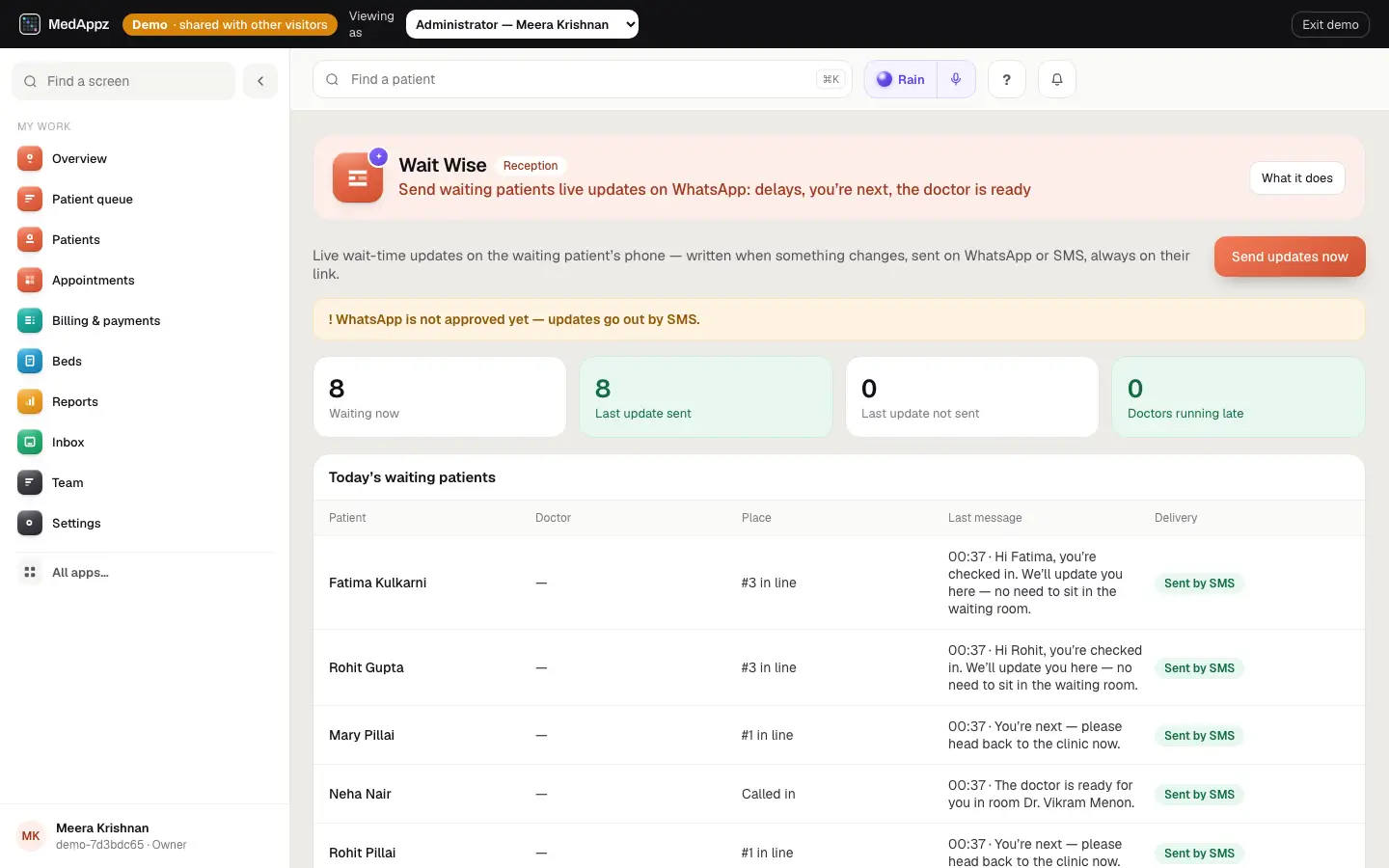 WaitWise — Wait Wise — Send waiting patients live updates on WhatsApp: delays, you’re next, the doctor is ready