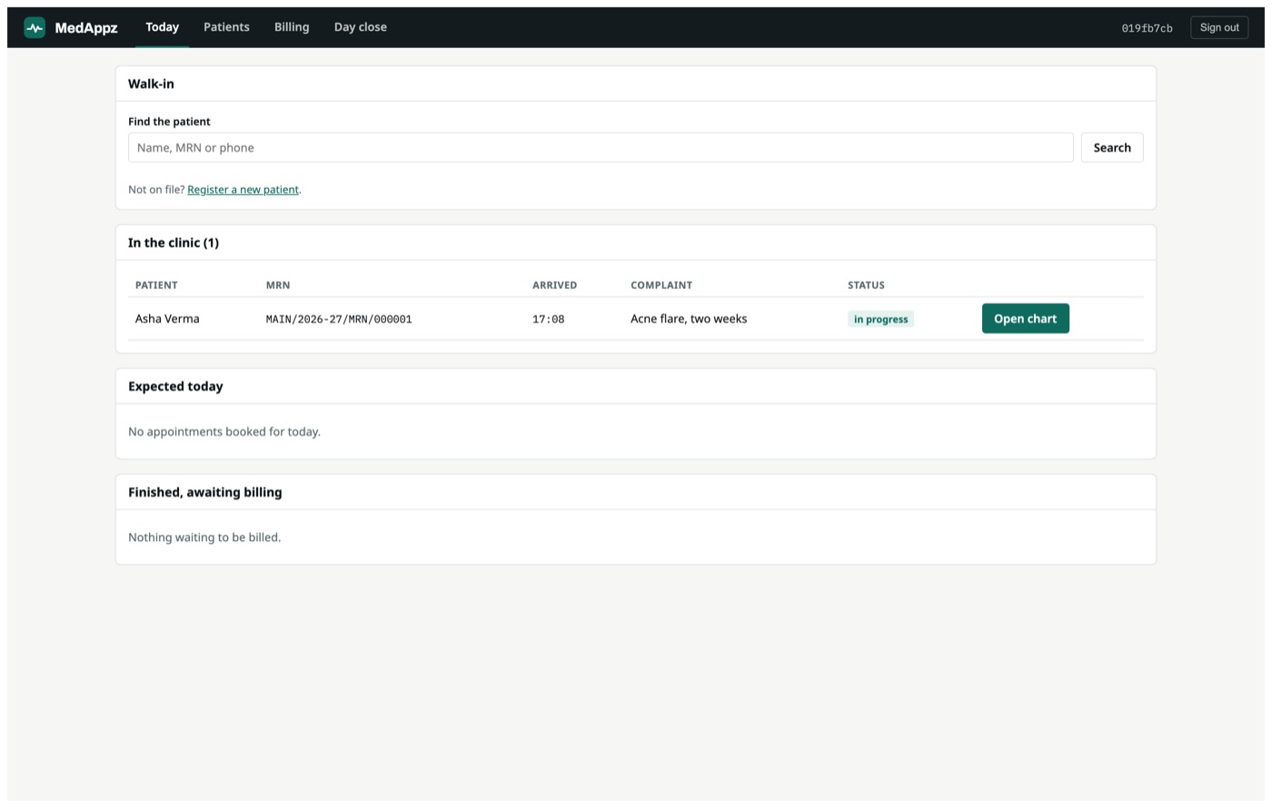 QueueFlow — Today — the diary and the live OPD queue