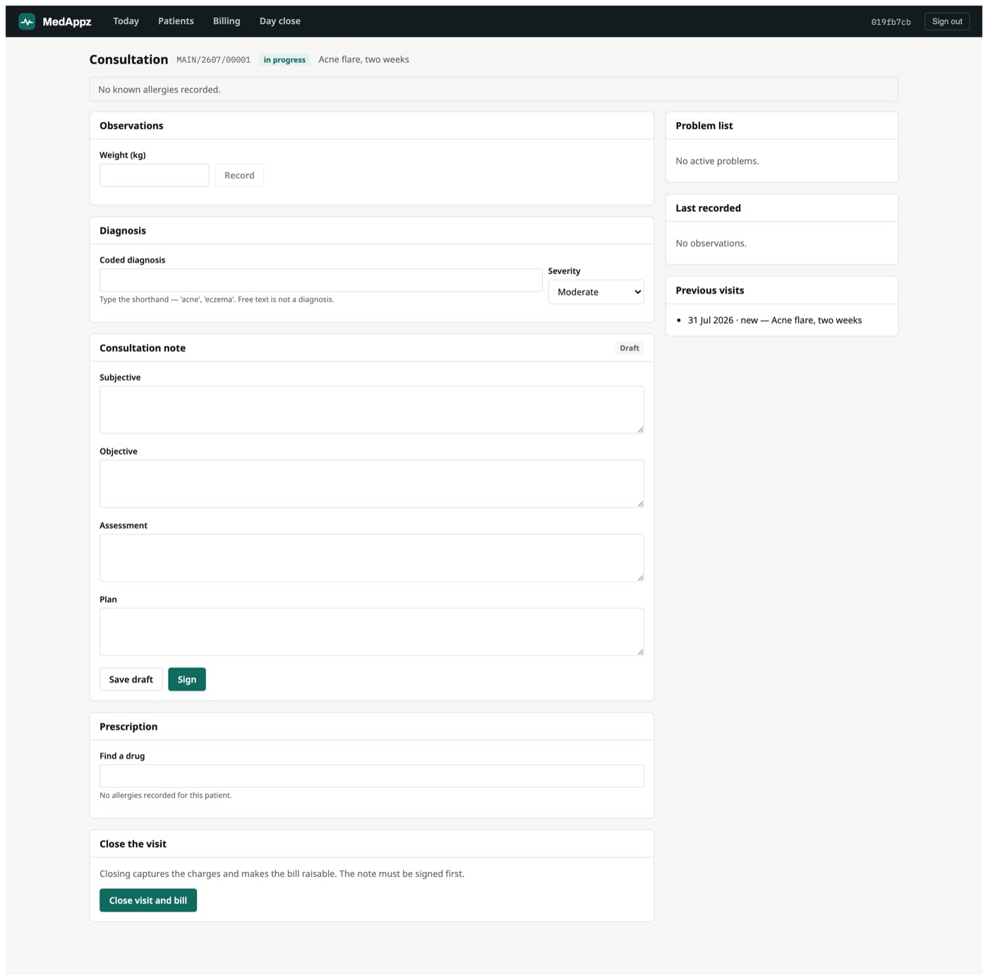 RxCanvas — Prescribing — the allergy gate runs before the write