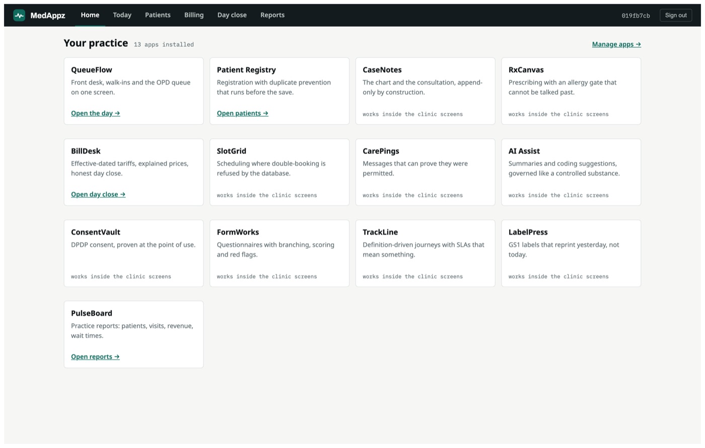 Your dashboard — a tile per installed app